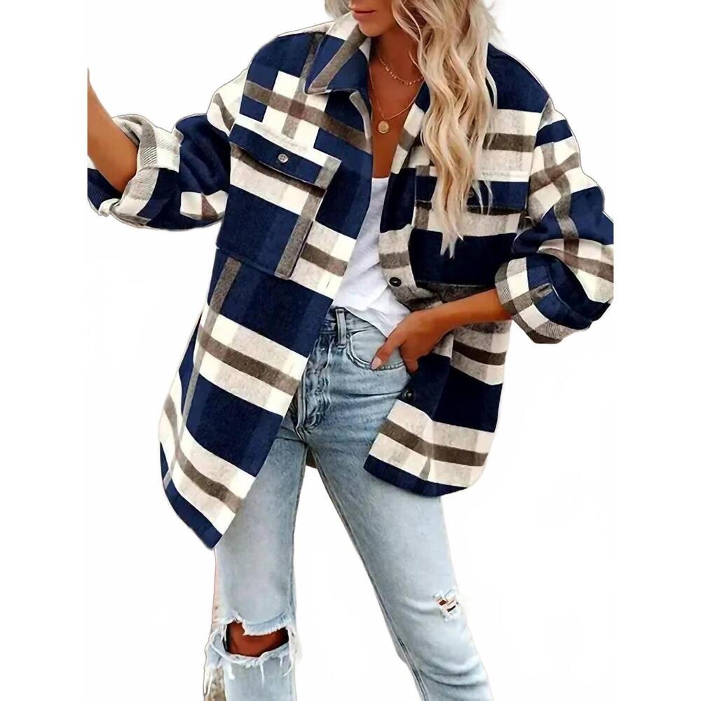 NEW LOVESOFT women's plaid button flannel shirt in navy blue